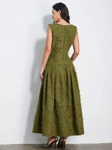 Aveloria Modichic Olive Green Textured Fringe Maxi Dress, Minimalist A-Line Silhouette, Sleeveless, Quiet Luxury Style, Suitable For Commute, Vacation, Casual Gatherings, Spring/Summer Everyday Wear - Green - View 5