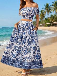 Ellevyn 女士优雅露肩印花上衣和女士蓝白印花半裙，两件套度假套装，夏季女装，节日女装，沙滩女装，乡村女装，夏季套装，印花两件套，长裙露脐上衣套装，露肩上衣和半裙套装，露脐上衣和半裙两件套，夏季套装，女士度假套装，女士休闲连衣裙，母亲节礼物，送给妈妈的礼物，A字裙，节日女装，海滩约会之夜，夏季连衣裙，度假套装，女士度假装，圣托里尼女装，波西米亚风女装，地中海度假套装 - 藍白色 - 查看 11