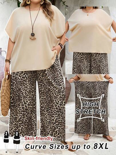 SHEIN CURVE+ CURVE PLUS /Valentine's Day/2 Pieces/Set Of Plus Size Women's Solid Color Round Neck Short Sleeved Top And Leopard Print Pants