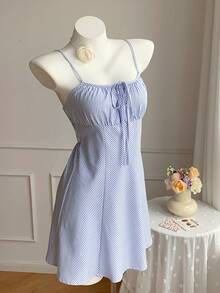 SHEIN EZwear 蓝色条纹编织吊带迷你连衣裙 - 藍白色 - 查看 5