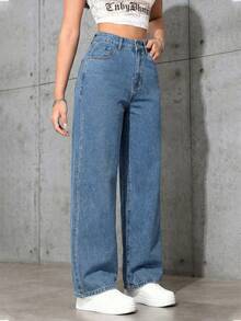 SHEIN ICON 大码女式复古街头风灰色无弹直筒牛仔裤 - 淺色水洗藍 - 查看 3
