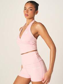 Missguided x Playboy 褶皱露背运动背心，V领裹身式设计，适合健身训练和休闲运动穿着。 - 粉色 - 查看 3