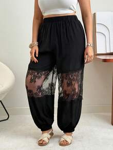 Ceyna Quần Harem dáng rộng mới dành cho nữ cỡ lớn, quần dài buộc dây ở mắt cá chân, màu trơn, kiểu dáng thường ngày, thích hợp cho kỳ nghỉ, đi nghỉ mát, phối ren và khoét lỗ, phong cách tối giản đa năng, phù hợp với trang phục ngoài trời và phong cách đồng quê. - màu đen - Xem 6