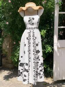 SHEIN MOD 大码女士复古印花长连衣裙，优雅无袖，印花连衣裙，复古连衣裙，女士优雅连衣裙，度假连衣裙，波西米亚风，老钱风格女士连衣裙，返校季服装，乡村音乐会服装，返校节服装，波西米亚风 - 黑與白 - 查看 9