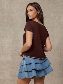 WESTFADE Scoop Neck Keyhole Button Front Cut Out Short Sleeve Contrast Mixed Stitch Knit Top - Multicolor - View 6