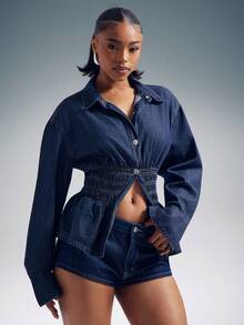 Denimoi 女士翻领单排扣褶裥休闲百搭日常长袖牛仔衬衫 - 深色水洗藍 - 查看 5