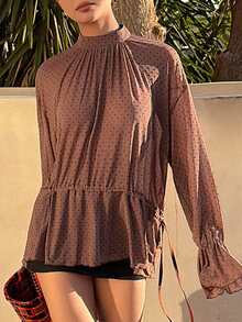 Livesso Spring & Summer Polka Dot Print Brown Pullover Top, Design Details Include Tie Waist, Ruffle Hem, Bell Sleeves, Casual Vacation Beach Chiffon Blouse For Women - Brown - View 5