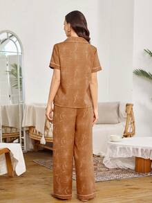 新款女士仿刺绣印花短袖长裤开衫睡衣套装，春夏款 - 彩色 - 查看 3