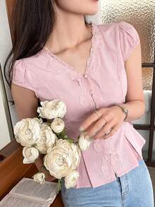 DAZY 女士休闲蕾丝拼接衬衫，优雅修身开衫，适合春夏、情人节、婚礼等场合。 - 粉色 - 查看 4