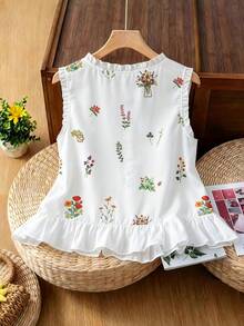 Linhara 大码女式清新花卉印花荷叶边领衬衫，春夏款 - 白色 - 查看 2