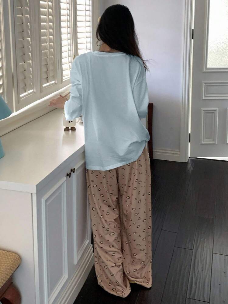 2pcs Cartoon Bear Print Long Sleeve T-Shirt And Loose Leopard Pattern Long Pants Pajama Set, Spring Women Sleepwear