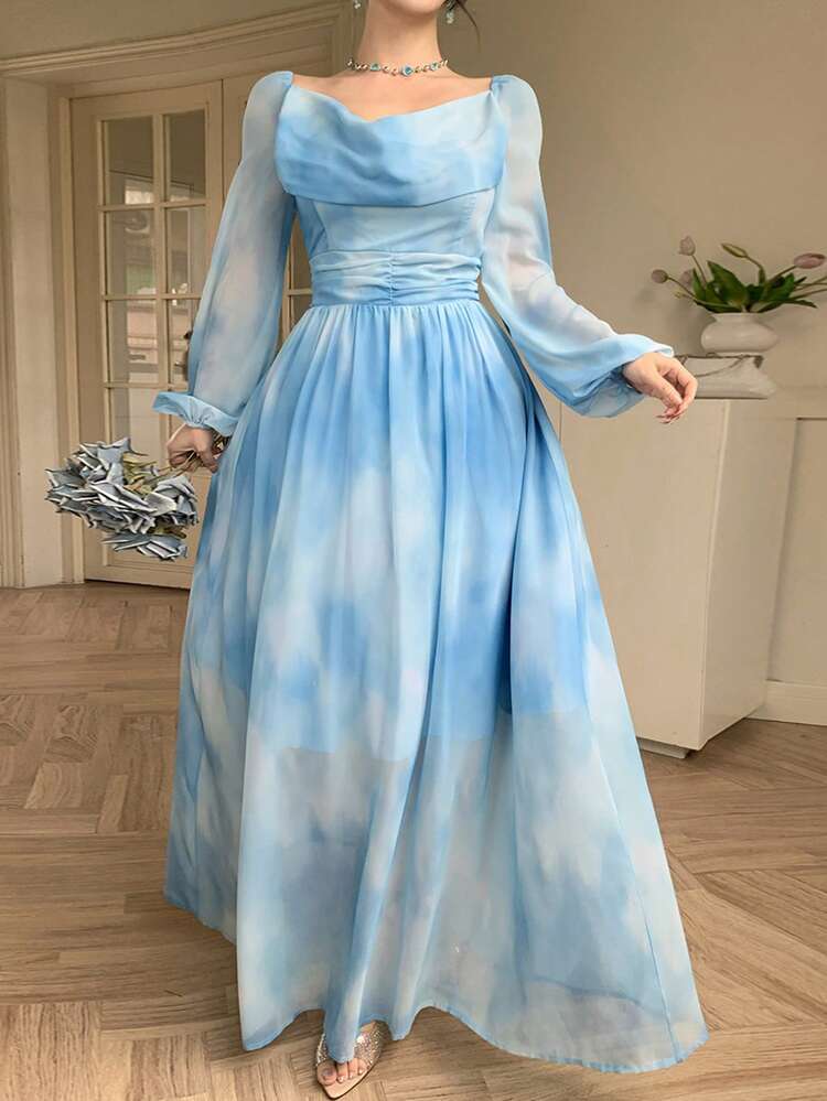 Women's Fashionable Elegant Tie-Dye Print Pleated Dress Sundress