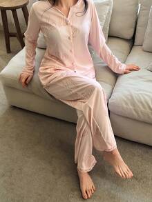 DAZY Letter Print Lace Trim Patchwork Women Pajama Set - Pink - View 6