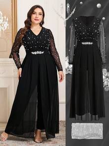 Ellevyn Bộ jumpsuit dài tay cổ chữ V dáng thanh lịch dành cho người có thân hình đầy đặn, phối lưới. - màu đen - Xem 6