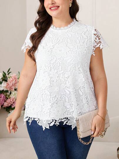 Reflora 大码优雅撞色蕾丝雪纺衬衫，适合夏季、春季、夏季、夏季假期、春季女装、海滩、女士海滩装、情人节、情人节女装、情人节外出上衣、外出上衣、女士外出上衣、夏季上衣、优雅女士衬衫、女士休闲衬衫、亮片上衣、闪亮外出上衣、外出、优雅女士衬衫、白色上衣、白色衬衫