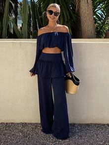 DAZY 2pcs Women Off-Shoulder Short Blouse & Wide Leg Pants Casual Vacation Outfit, Spring/Summer - Blue - View 5