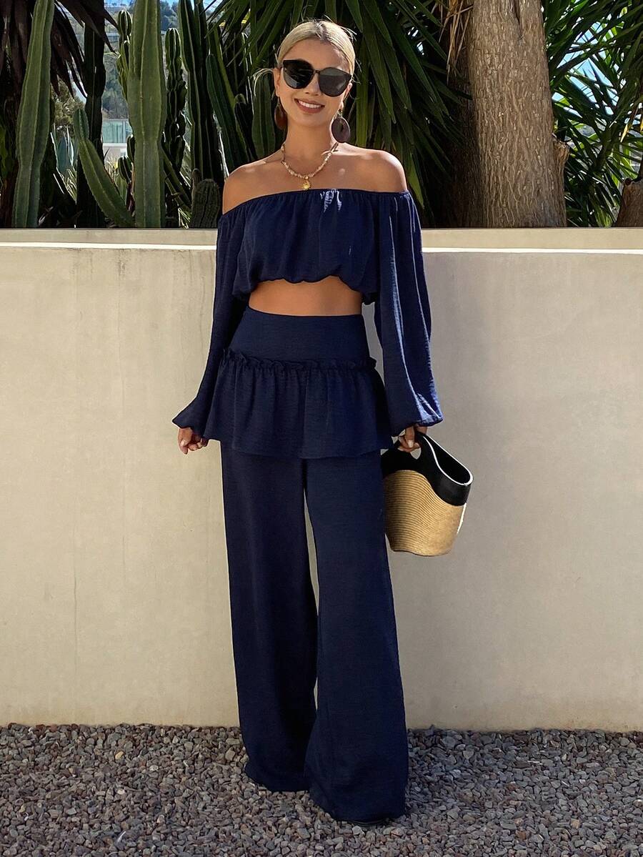 DAZY 2pcs Women Off-Shoulder Short Blouse & Wide Leg Pants Casual Vacation Outfit, Spring/Summer - Blue - View 1