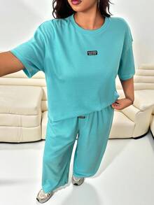 Solflare 2 件套大码纹理针织开衫上衣和宽松长裤休闲装 - 水鴨藍 - 查看 5