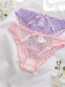 Lavender & Soft Pink Heart Mesh Patchwork Bow French Romantic Frill Trim Triangle Panties - Multicolor - View 3