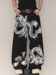 Manfinity EMRG Quần jeans nam ống rộng dáng suông họa tiết rồng Trung Quốc có túi, kiểu dáng thường ngày. - màu đen - Xem 3
