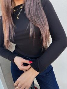 Hitanina 纯色圆领修身保暖长袖女式上衣，带保暖内衬 - 黑色 - 查看 3