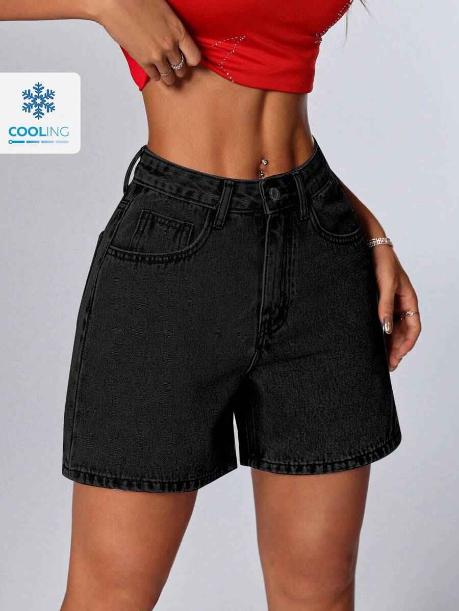 SHEIN PETITE Short de mezclilla holgado y casual con bolsillos en unicolor, adecuado para el verano para mujeres - Gris Claro - Ver 1
