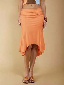 COSMINA Women's Elegant Asymmetrical Ruched Brown Skirt, Suitable For Spring And Summer Vacation - Orange - View 7