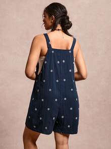Freevana 100% Cotton Plus Size Women's Daisy Embroidery Inspired Double Pocket Casual Romper - Navy Blue - View 2