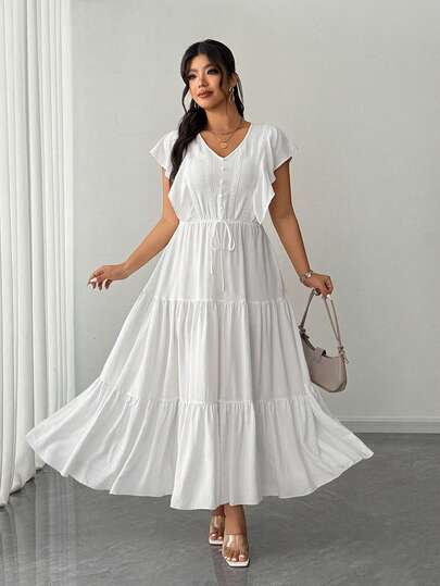 Elenzga 大码女式夏季休闲度假日常纯色V领荷叶边袖口层叠下摆连衣裙