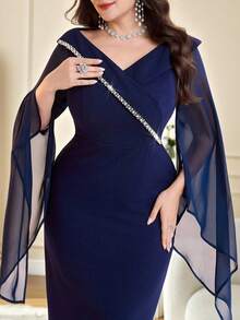 Modelyn 大码女式纯色网纱拼接喇叭袖修身优雅连衣裙 - 藏蓝色 - 查看 1