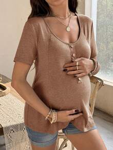 SHEIN U-Neck Short Sleeve Casual Comfortable Breathable Versatile Summer Top - Brown - View 3
