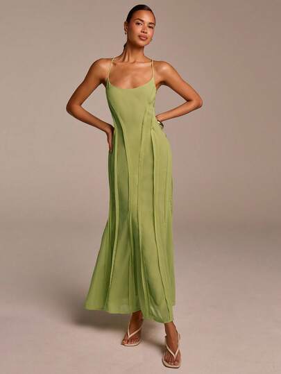 COSMINA Women's Long Chiffon Dress, Wedding Guest Dress, Wedding Dress, Green Women's Dress, Backless Women's Dress, Elegant Women's Dress, Summer Women's Dress, Date Dress, Party Dress, Holiday Dress