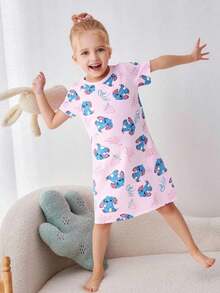 1 Pack Baby Girls' Cute Rabbit Print Short Sleeve Knit Dress Pajamas, Spring/Summer - Pink - View 3