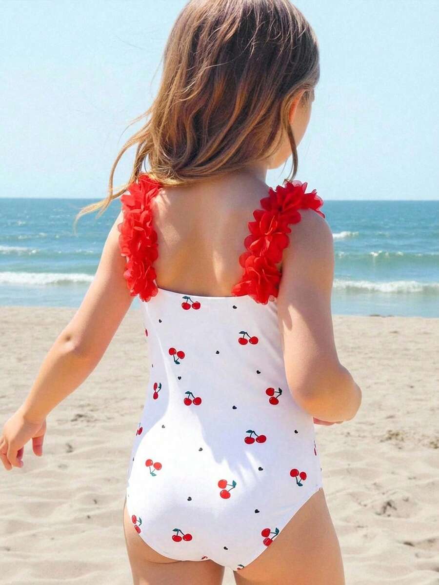 SHEIN Young Girl Cherry Blossom Print Swimsuit, Casual Vacation - Red and White - View 1