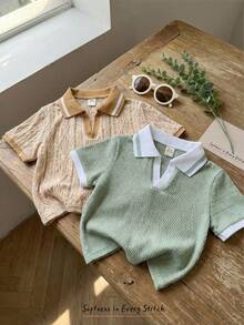 Cozy Pixies 2 piezas Polos de estilo de vacaciones para niño pequeño con cuello de contraste, textura de jacquard y punto suave, paquete múltiple - Multicolor - Ver 6