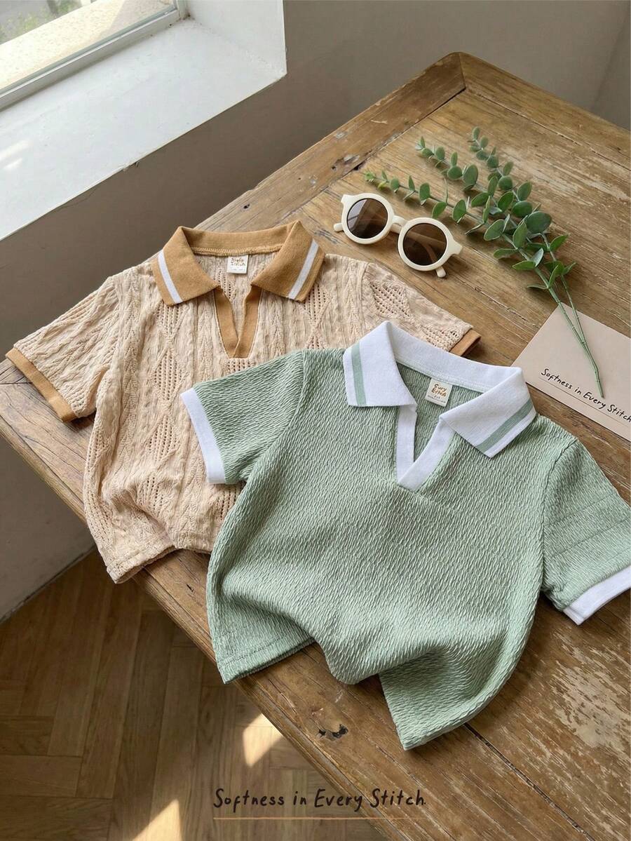 Cozy Pixies 2 piezas Polos de estilo de vacaciones para niño pequeño con cuello de contraste, textura de jacquard y punto suave, paquete múltiple - Multicolor - Ver 1