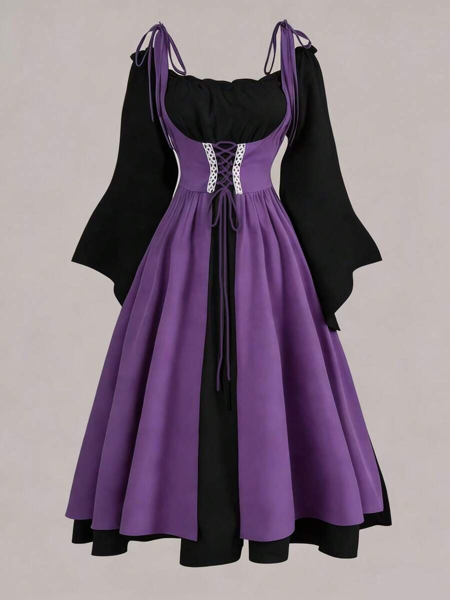 Sweetra Plus Size Casual Color Block 2 In 1 Drawstring A-Line Long Dress Maxi Women Outfit - Multicolor - View 1