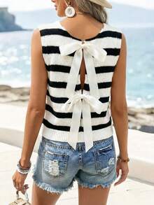 Franclia Women's Spring/Summer Versatile Design Beige Bow Ribbon Round Neck Sleeveless Black And White Striped Knit Top. From Spring To Summer, Summer Tops, New Arrivals, Women's Summer Knit Tops, Summer Holiday Outfits, Spring Women's Outfits, Spring, Valentine's Day, Women's Valentine's Day Outfits, Valentine's Day Clothing, Carnival, Carnival Costumes, 2026 Carnival Women's Looks, Beach, Women's Vacation Outfits, Preppy Style Tops, Striped Tops, Women's Vacation Outfits, Women's Casual Tops.Fashionable Casual Commuter Wear, Business Office Wear, Versatile And Stylish Everyday Casual Wear, Urban Teacher's Professional Attire - Multicolor - View 2