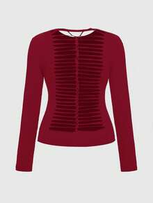 ROMWE Grunge Punk Plus Size Gothic Cross Rhinestone Embellished Black Long Sleeve T-Shirt, Women Plus Size Tops, Goth Casual Style Long Sleeve Top For Women, Autumn/Winter - Burgundy - View 2