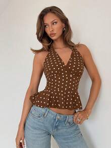 Almamuse 女士V领露背荷叶边波点无袖上衣，适合春季音乐节穿着 - 棕色 - 查看 6