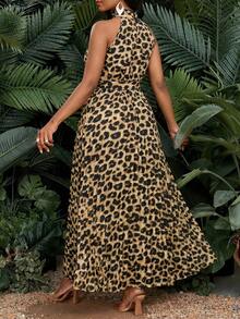 SHEIN Lady 女士夏季度假豹纹腰带系带露背中长连衣裙 - 彩色 - 查看 2