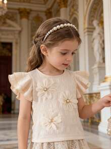 Souflis Souflis Young Girl Fashion Elegant 3D Floral Decor Solid Color Round Neck Ruffle Hem Loose Casual Blouse, Girls Flower Top - Apricot - View 4