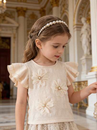 Young Girl Fashion Elegant 3D Floral Decor Solid Color Round Neck Ruffle Hem Loose Casual Blouse, Girls Flower Top