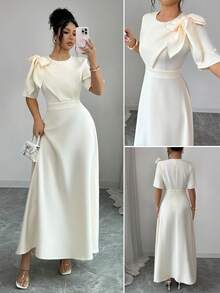 Elenzga Vestido maxi de línea A de manga corta con cuello redondo, cintura ceñida y decoración de lazo, elegante, casual, para ir al trabajo, vacaciones y romántico, para primavera/verano - Albaricoque - Ver 1