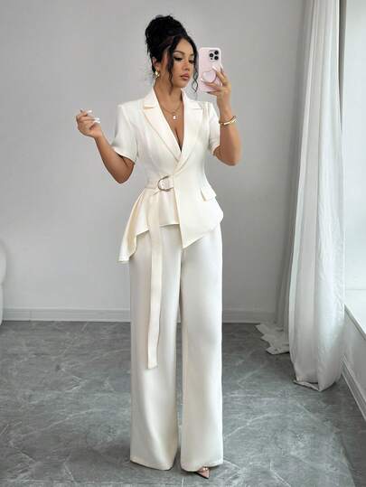 Elenzga Women's Suit Set, Lapel Collar With Hidden Buttons, Adjustable Waist With Metal D-Ring, Asymmetric Hem With Ruffle Trim Short Sleeve Jacket Paired With Relaxed Wide Leg Pants, Elegant French Romantic Vintage Style, Suitable For Commute, Business, Beach, Casual, Versatile, Spring/Summer New Arrival