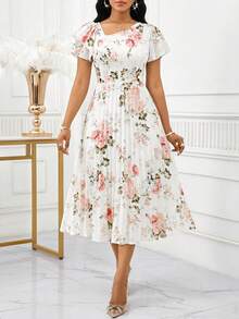 SHEIN Lady 女士碎花褶皱腰身优雅中长连衣裙，适合派对、春季、正式场合穿着。这款连衣裙款式多样，包括碎花连衣裙、休闲连衣裙、正式礼服、工作装、春季连衣裙、优雅连衣裙和碎花连衣裙。 - 彩色 - 查看 5