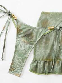 Swim SXY 3pcs Set: Tie-Dye Print Beaded Halter Top, Tie-Front Swim Bottoms, And Mini Skirt Bikini Set - Multicolor - View 6