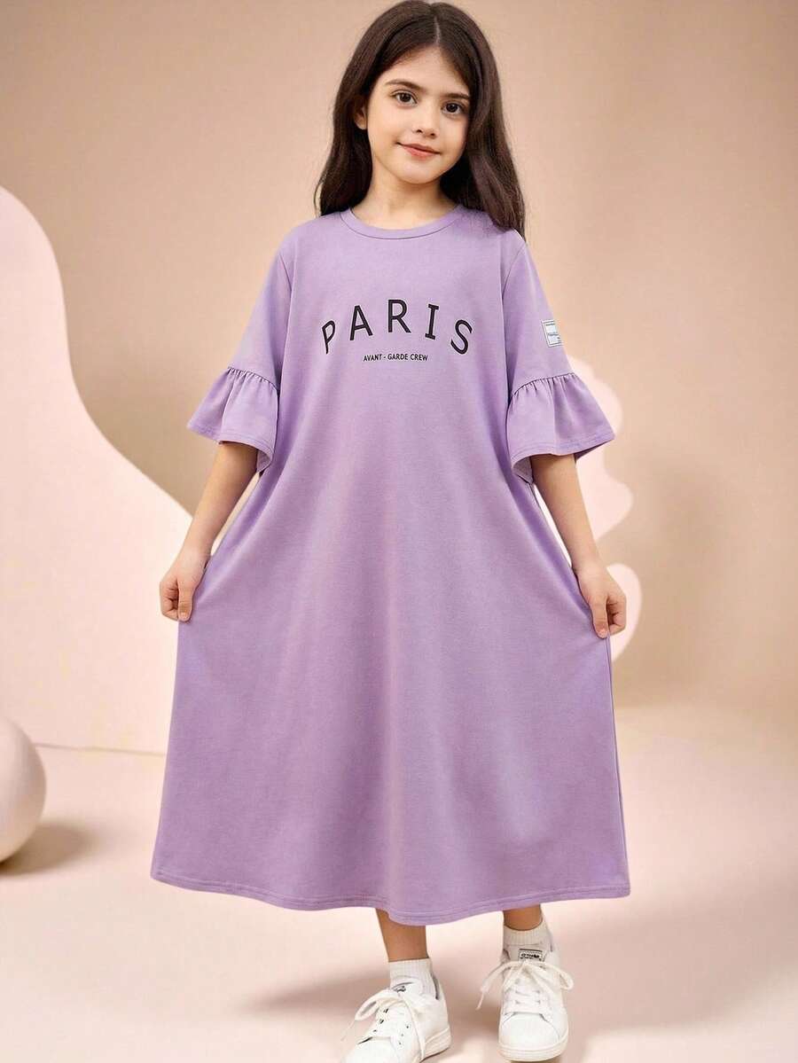 SHEIN 青少年女孩紫色與黑色字母印花圓領寬鬆針織純色洋裝，夏季休閒校園 Y2K 風格度假派對穿搭