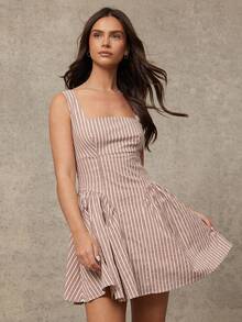 WESTFADE Square Neck Ruffle Sides Fit & Flare Ruffle Sleeveless Striped Mini Dress - Brown - View 4