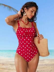 Swim Mod Áo tắm liền thân chấm bi xếp nếp dành cho nữ, đồ bơi đi biển và hồ bơi thường ngày, áo tắm chấm bi liền thân, áo tắm chấm bi đỏ, áo tắm chấm bi liền thân dành cho nữ, áo tắm liền thân cho nữ - Nhiều màu - Xem 3